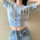 Double Breasted Embroidered Knit Top Blue - One Size