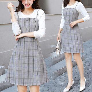 Set: Long Sleeve T-shirt + Plaid A-line Pinafore Dress