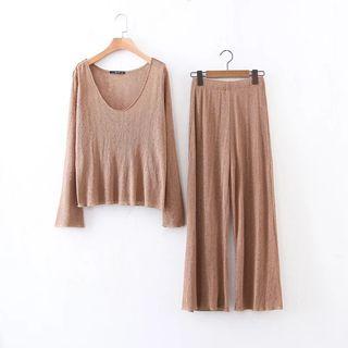 Set: Plain Long-sleeve Knit Top + Knitted Wide Leg Pants