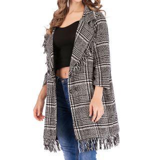Plaid Fringed Trim Button-up Coat