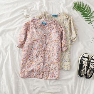 Frilled Neck Floral Short-sleeve Blouse