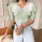 Lace-collar Puff-sleeve Cropped Knit Top