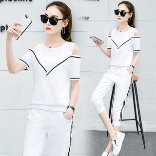 Set: Cold Shoulder Short-sleeve T-shirt + Striped Capri Sweatpants