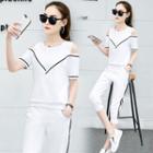 Set: Cold Shoulder Short-sleeve T-shirt + Striped Capri Sweatpants