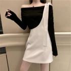 Set: Long-sleeve Off-shoulder Plain T-shirt + Asymmetrical Suspender Skirt