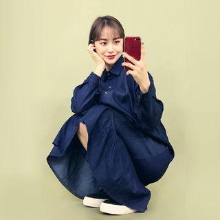 Flounced-hem Denim Long Shirtdress