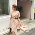 Diagonal-hem Belted Chiffon Dress