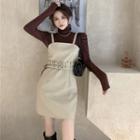 Faux-leather Sleeveless Mini Dress With Belt / Turtleneck Plain Top