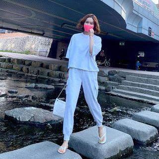 Set: 3/4-sleeve T-shirt + Band-waist Cargo Pants