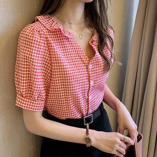 Puff-sleeve Check Frill Trim Blouse
