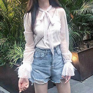 Set: Long-sleeve Dotted Top + Camisole Top Top - Dotted - White - One Size / Camisole Top - White - One Size