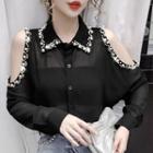 Faux Pearl Cold-shoulder Long-sleeve Blouse