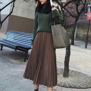Set: Turtleneck Sweater + Knit Pleated Midi Skirt