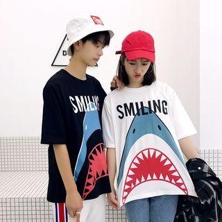 Couple Matching Shark Print Elbow-sleeve T-shirt