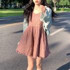 Spaghetti-strap Plaid Wide-leg Romper / Cardigan