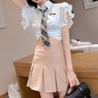 Short-sleeve Ruffled Shirt / Neck-tie / Pleated Mini A-line Skirt / Set