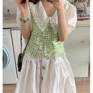 Plaid Tweed Vest / Short-sleeve Plain Collar Mini Dress