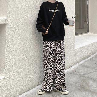 Leopard Print Velvet Wide Leg Pants Almond - One Size
