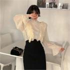 High-neck Frilled Sheer Blouse Beige - One Size