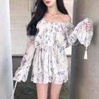 Long-sleeve Floral Print Playsuit As Shown In Figure - One Size