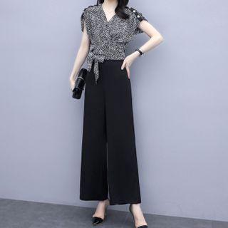Set: Cap-sleeve Dotted Tie-waist Blouse + Wide Leg Pants