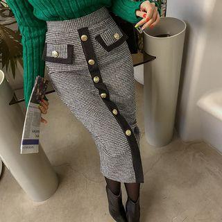Buttoned Houndstooth Midi Pencil Skirt