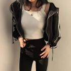 Drawstring-cuff Zip-up Cropped Hoodie