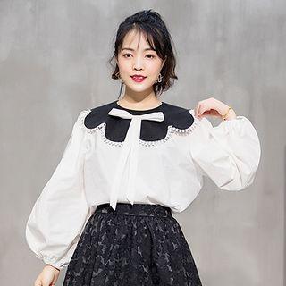 Puff-sleeve Color Block Ribbon Blouse