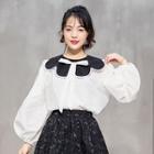 Puff-sleeve Color Block Ribbon Blouse