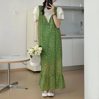 V-neck Floral Midi Overall Dress / Short-sleeve Knit Top