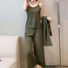 Set: Plain Camisole Top + Cropped Wide Leg Pants + Short-sleeve Light Jacket