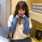 Long-sleeve Polo-neck Color-block Knit Top Almond - One Size