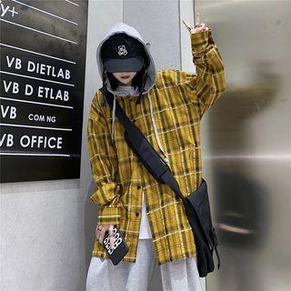 Couple Matching Mock Two Piece Hooded Plaid Shirt