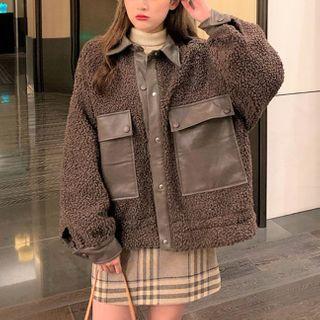 Fleece Faux Leather Button-up Jacket