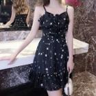 Star Print Drawstring Spaghetti Strap Mini A-line Dress