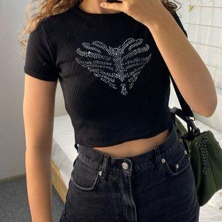 Short-sleeve Rhinestone Heart Crop T-shirt