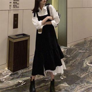 Plain Shirt / Ruffle Hem Midi Overall Dress / Set