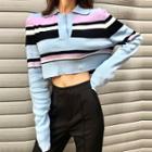 Color-block Striped Long-sleeve Cropped Polo-shirt As Figure - One Size
