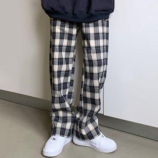 Lion Print Sweatshirt / Plaid Wide-leg Pants