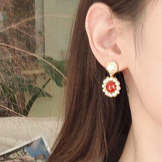 Faux Pearl Gemstone Dangle Earring 1 Pair - Al2153 - Cats Eye Stone - Red - One Size