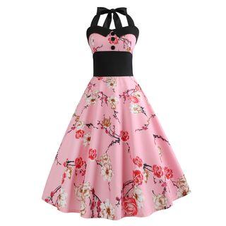 Flower Print Halter A-line Dress