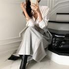 Long-sleeve Plain Shirt / Woolen Midi A-line Skirt