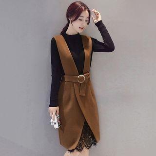 Set: Long-sleeve Top + Lace-panel Suspender Dress