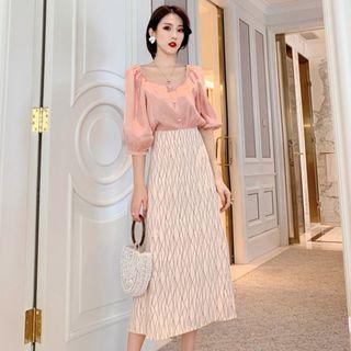 Faux Pearl Buttoned Elbow-sleeve Blouse / Printed Midi A-line Skirt
