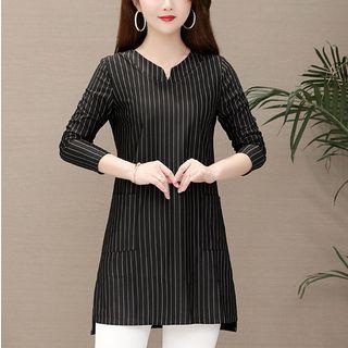 Striped Side-slit Long-sleeve Blouse