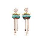 Fashion And Elegant Plated Gold Enamel Dark Green Flower Tassel Earrings With Cubic Zirconia Golden - One Size