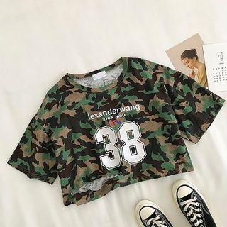 Color-block Lettering Printed Crewneck Short-sleeve Top