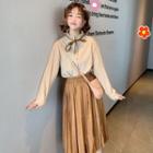 Mock-neck Long-sleeve Blouse / Corduroy Midi Skirt