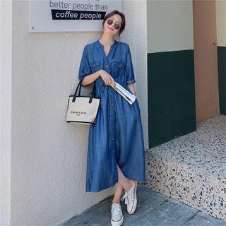 Elbow-sleeve Denim Stand Collar A-line Midi Shirtdress