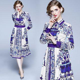 Long-sleeve Patterned Midi A-line Shirtdress